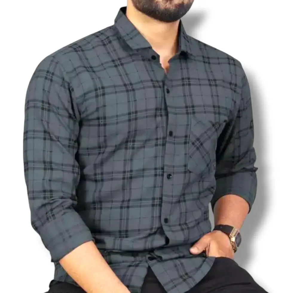 Men’s Grey & Black Checked Cotton Shirt – Full Sleeve Casual & Office Wear 