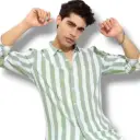 Men’s Green & White Striped Cotton Shirt – Full Sleeve Casual Wear