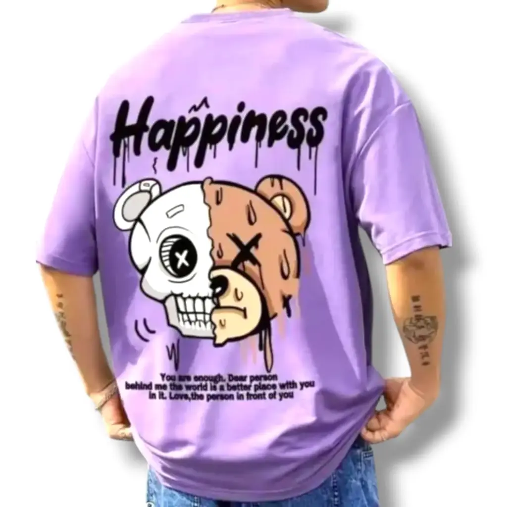Purple “Happiness” Bear Graphic T-Shirt – Urban Streetwear