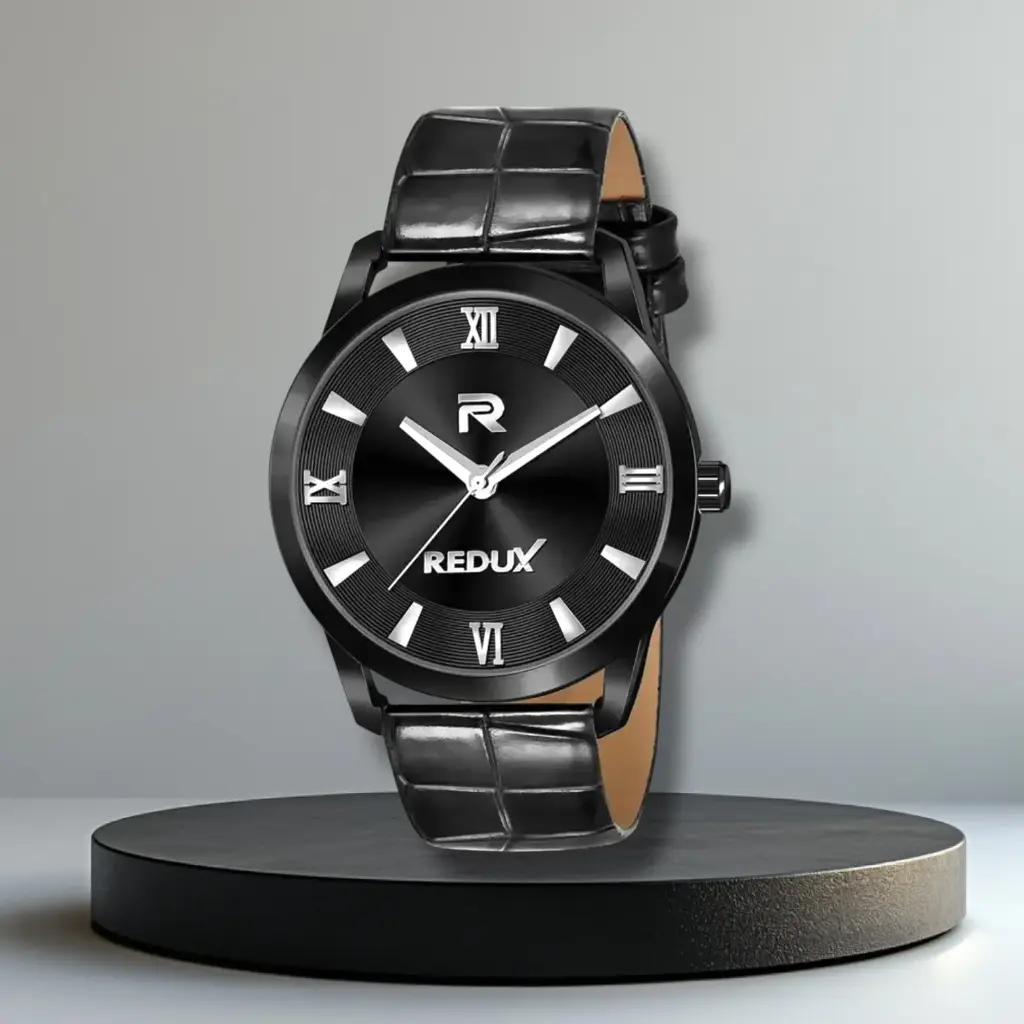 Redux Men’s Black Analog Wrist Watch – Leather Strap with Roman Numerals
