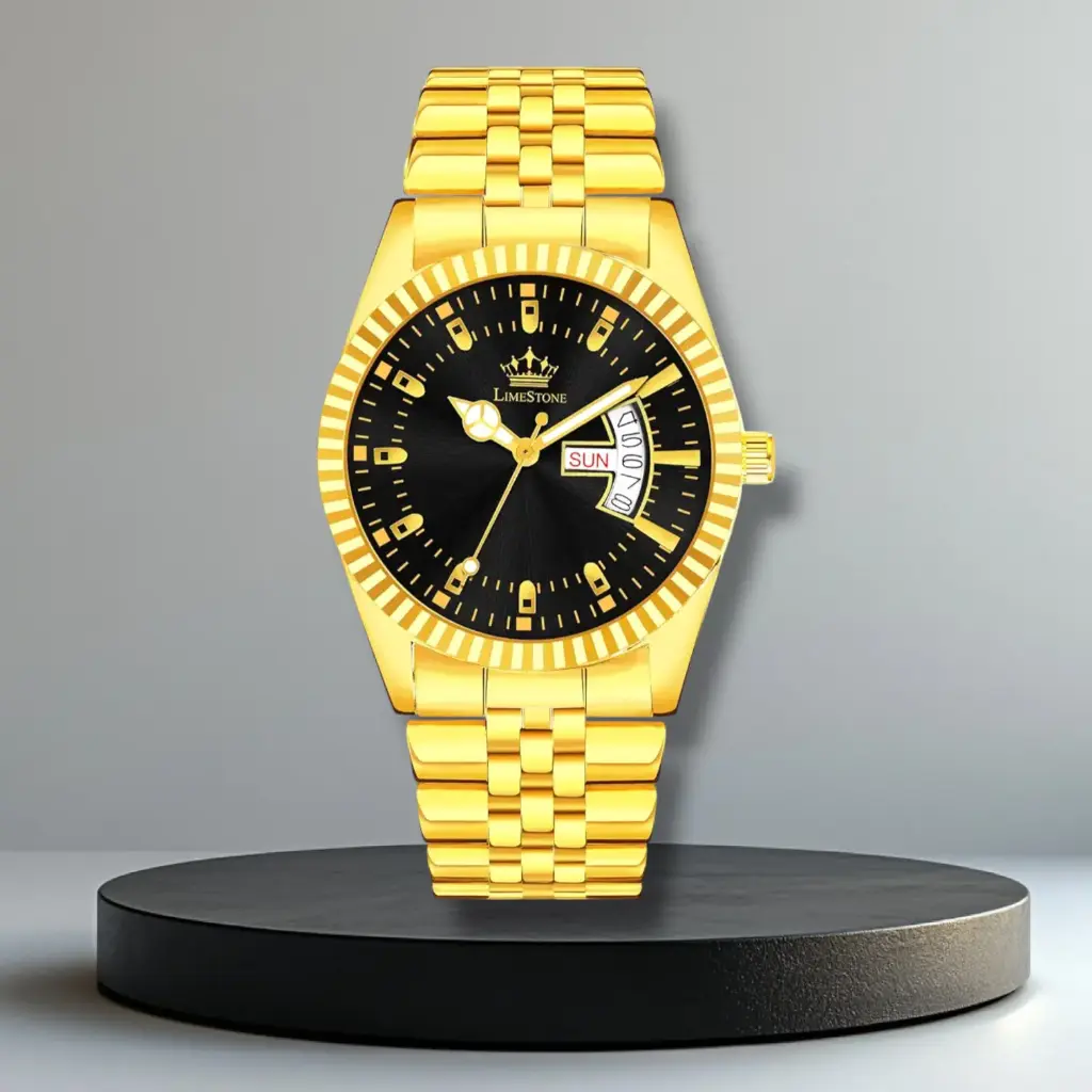 Redux Men’s Gold-Plated Analog Wrist Watch – Black Dial with Day & Date 