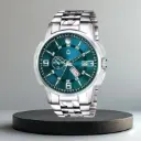 Stylish Men’s Silver Stainless Steel Watch with Blue Dial & Day-Date Display