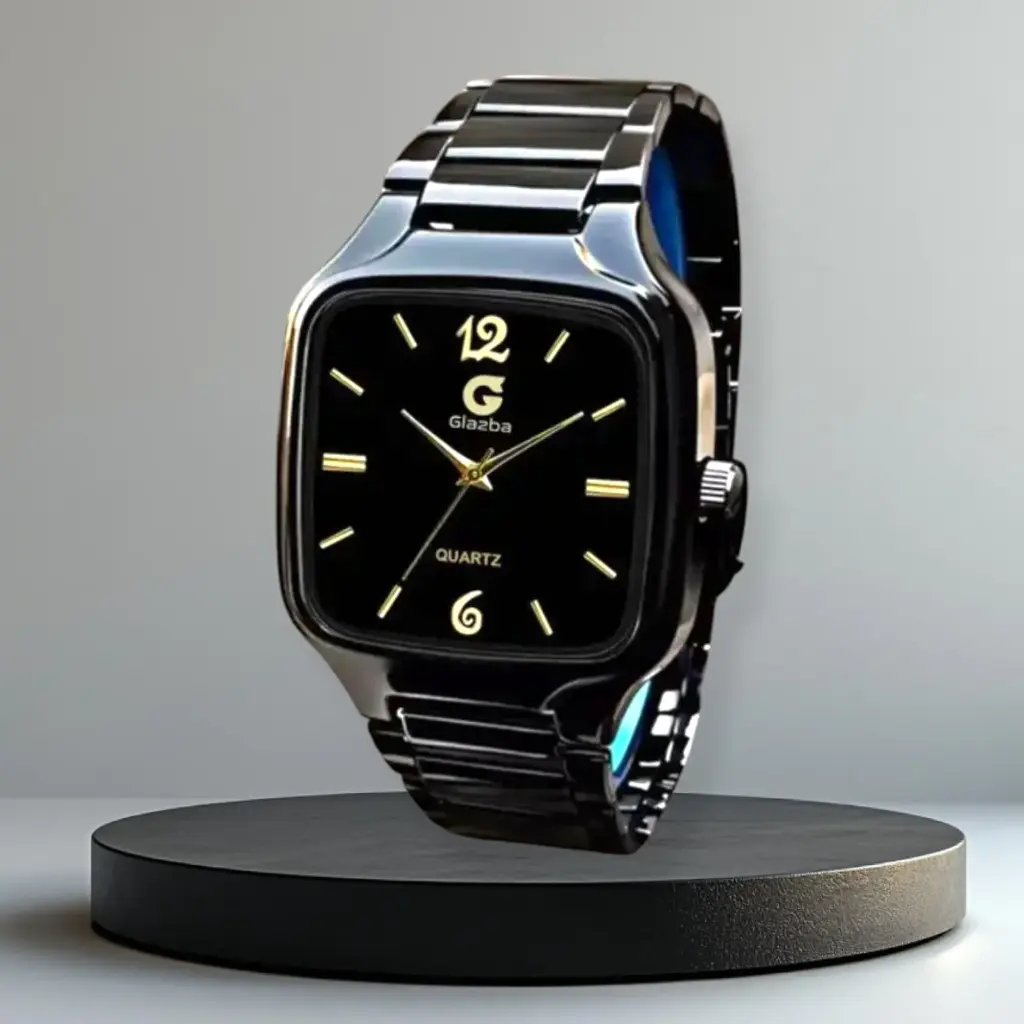 Luxury Men’s Black Glazba Quartz Watch – Premium Square Dial & Steel Strap