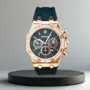 Luxury Rose Gold Chronograph Watch – Diamond Bezel with Black Strap