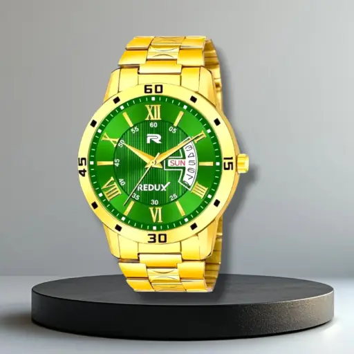 Redux Men’s Gold-Plated Analog Wrist Watch – Green Dial with Day & Date 