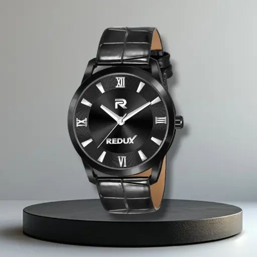Redux Men’s Black Analog Wrist Watch – Leather Strap with Roman Numerals