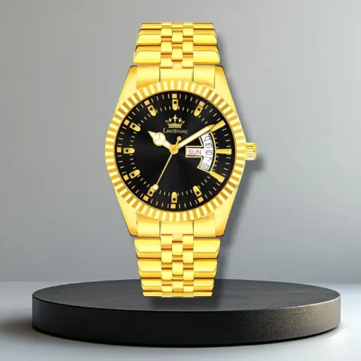 Redux Men’s Gold-Plated Analog Wrist Watch – Black Dial with Day & Date 