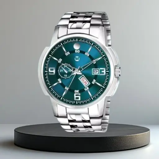 Stylish Men’s Silver Stainless Steel Watch with Blue Dial & Day-Date Display