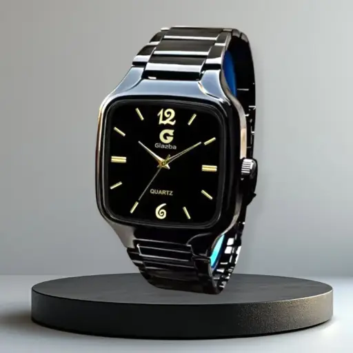 Luxury Men’s Black Glazba Quartz Watch – Premium Square Dial & Steel Strap