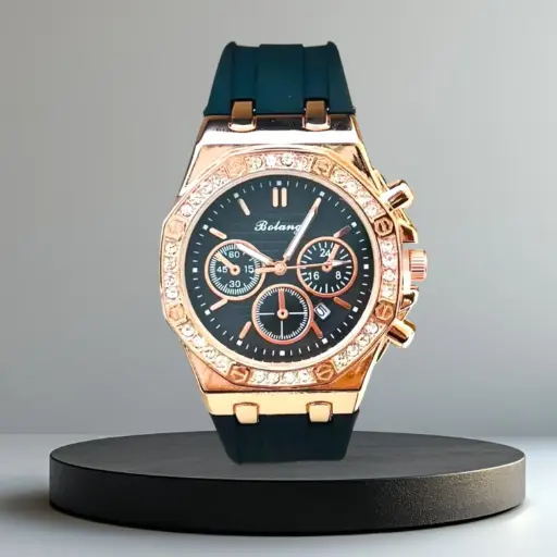 Luxury Rose Gold Chronograph Watch – Diamond Bezel with Black Strap