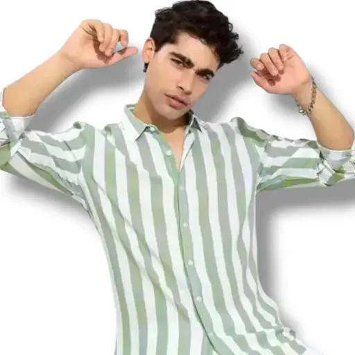 Men’s Green & White Striped Cotton Shirt – Full Sleeve Casual Wear