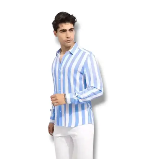 Men’s Aqua Blue & White Striped Cotton Shirt – Full Sleeve Casual Wear 
